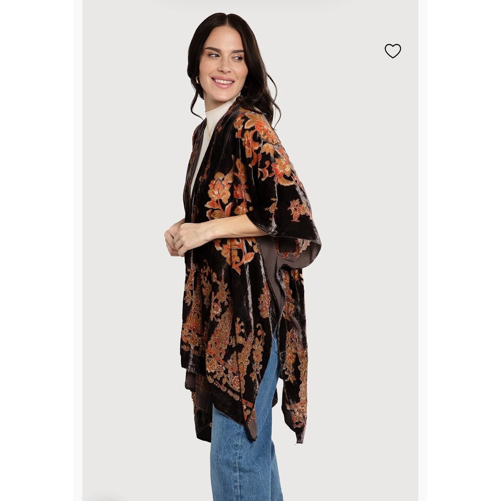 Saachi Anthropologie Velvet Burnout Kimono Wrap Floral Grey Orange One Size